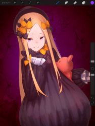 Rule 34 | 1girl, abigail williams (fate), black bow, black dress, black hat, blonde hair, bow, breasts, closed mouth, dress, fate/grand order, fate (series), forehead, hair bow, hat, highres, long hair, long sleeves, looking at viewer, misekai 555, multiple hair bows, orange bow, parted bangs, pink eyes, polka dot, polka dot bow, purple background, ribbed dress, sleeves past fingers, sleeves past wrists, small breasts, smile, solo, stuffed animal, stuffed toy, teddy bear