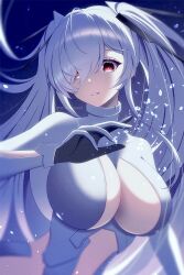 Rule 34 | 1girl, bodysuit, breasts, cinderella (nikke), cleavage cutout, clothing cutout, goddess of victory: nikke, large breasts, long hair, looking at viewer, milmil7, navel cutout, parted lips, red eyes, solo, twintails, very long hair, white bodysuit, white hair