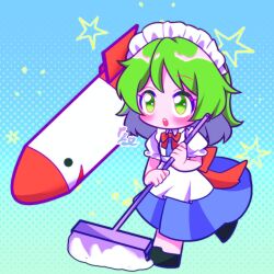 Rule 34 | 1girl, 1other, apron, black footwear, blue dress, broom, chibi, collared shirt, commentary request, dress, green eyes, green hair, holding, holding broom, maid, maid apron, maid headdress, medium hair, mimi-chan, missile, puffy short sleeves, puffy sleeves, rocket, ruukoto, shirt, short sleeves, solo, tasotasoyan00, touhou, touhou (pc-98), undershirt, white apron, white shirt