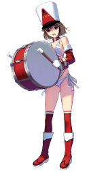 Rule 34 | 1girl, :d, bikini, bob cut, boots, breast press, breasts, brown eyes, brown hair, detached collar, detached sleeves, drum, drumsticks, eyebrows, full body, gloves, hat, highres, holding, instrument, kneehighs, kouno (masao), large breasts, legs apart, marching band, open mouth, original, red footwear, red socks, shade, shako cap, short hair, sideboob, simple background, sleeve cuffs, smile, socks, solo, standing, striped bikini, striped clothes, swimsuit, underboob, white gloves