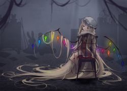 Rule 34 | 1girl, absurdly long hair, alternate hair length, alternate hairstyle, barefoot, birdcage, blonde hair, bored, cage, chair, commentary, crossed arms, dark, flandre scarlet, full body, half-closed eyes, hat, head rest, highres, indoors, lonely, long hair, looking to the side, mob cap, rapunzel (grimm), red hair, sad, silhouette, sitting, solo, stuffed animal, stuffed rabbit, stuffed toy, teddy bear, touhou, toutenkou, toy, very long hair, wings