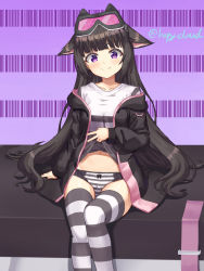Rule 34 | 1girl, absurdres, animal ears, black hair, blush, cat ears, commission, goggles, goggles on head, happycloud, highres, jacket, lifted by self, long hair, maplestory, navel, open clothes, open jacket, panties, purple eyes, sitting, smile, solo, striped clothes, striped panties, striped thighhighs, thighhighs, underwear, very long hair