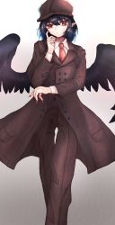 Rule 34 | adapted costume, bird wings, black hair, black wings, brown coat, brown headwear, brown pants, buttons, cabbie hat, coat, collared shirt, commentary request, eyelashes, feathered wings, flat cap, hat, highres, long sleeves, nail polish, necktie, pants, pointy ears, red eyes, red nails, red necktie, shameimaru aya, shameimaru aya (newsboy), shirt, short hair, souken bicha, touhou, walking, white shirt, wings