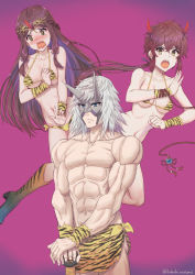 Rule 34 | 1boy, 2girls, @ @, alternate costume, animal print, arm across chest, bare shoulders, bikini, blue eyes, blush, boots, braid, breasts, brown eyes, brown hair, circlet, cleavage, closed mouth, collarbone, commentary request, embarrassed, fan la norne, french braid, gradient background, highres, horns, jin (xenoblade), knee boots, large breasts, loincloth, long hair, looking at viewer, lora (xenoblade), low ponytail, mask, medium breasts, multiple girls, muscular, navel, nintendo, no nipples, nose blush, open mouth, orange footwear, own hands together, parted bangs, print bikini, purple background, same no fukahire, serious, setsubun, sidelocks, silver hair, single horn, stomach, straight hair, string bikini, swimsuit, tiger print, topless male, twitter username, underboob, v-shaped eyebrows, very long hair, wavy mouth, whip, xenoblade chronicles (series), xenoblade chronicles 2, xenoblade chronicles 2: torna - the golden country, yellow bikini