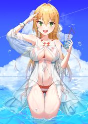Rule 34 | 1girl, absurdres, ahoge, bare shoulders, bead bracelet, beads, bikini, blonde hair, blush, bracelet, breasts, cleavage, collarbone, criss-cross halter, cup, dress, drinking straw, fate/grand order, fate (series), gown, green eyes, hair between eyes, halterneck, highres, jewelry, large breasts, long hair, looking at viewer, navel, nero claudius (fate), nero claudius (fate) (all), nero claudius (swimsuit caster) (fate), nero claudius (swimsuit caster) (third ascension) (fate), ocean, open mouth, rufe 0v0, see-through, smile, solo, striped bikini, striped clothes, swimsuit, thighs, wading, wet