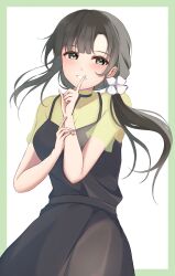 Rule 34 | 1girl, 7-mzk, absurdres, assault lily, black dress, black hair, blunt bangs, blush, border, breasts, commentary request, cowboy shot, dress, finger to mouth, green border, green eyes, green shirt, grin, hand on own wrist, hands up, highres, looking at viewer, low ponytail, medium breasts, official alternate costume, outside border, parted lips, pinafore dress, shirt, short sleeves, side ponytail, simple background, sleeveless, sleeveless dress, smile, solo, standing, wang yujia, white background, white shirt