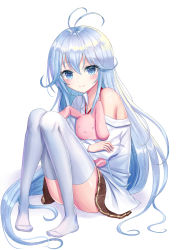 Rule 34 | 1girl, antenna hair, bad id, bad pixiv id, blue eyes, blue hair, blush, brown skirt, closed mouth, commentary request, convenient leg, denpa onna to seishun otoko, full body, hair between eyes, highres, knees up, long hair, long sleeves, looking at viewer, no shoes, hugging object, off shoulder, pigeon-toed, pleated skirt, revision, seungju lee, shirt, sitting, skirt, smile, solo, stuffed animal, stuffed rabbit, stuffed toy, thighhighs, touwa erio, very long hair, white background, white shirt, white thighhighs