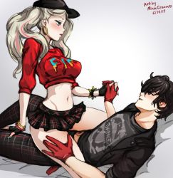 Rule 34 | 1boy, 1girl, amamiya ren, artist name, baseball cap, black gloves, black hair, blonde hair, blue eyes, blush, bracelet, brown eyes, clothes writing, crop top, dated, earrings, fingerless gloves, girl on top, gloves, grey shirt, hand on another&#039;s thigh, hat, hetero, holding hands, hoop earrings, interlocked fingers, jewelry, long hair, looking at another, lying, microskirt, midriff, mina cream, multicolored hair, nail polish, navel, on back, pants, persona, persona 5, persona 5: dancing star night, persona dancing, plaid, plaid pants, plaid skirt, pleated skirt, red gloves, red shirt, shirt, short hair, skirt, smile, spiked bracelet, spikes, straddling, takamaki anne, twintails, two-tone hair