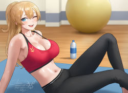 Rule 34 | 1girl, ;d, arm support, artist name, ball, bare shoulders, black pants, blonde hair, blue eyes, blush, bottle, breasts, claire lamund (nhaliz), cleavage, commentary request, feet out of frame, from side, knees up, large breasts, leaning back, long hair, looking at viewer, looking to the side, lying, mole, mole above eye, mole on breast, navel, nhaliz, on back, one eye closed, open mouth, original, pants, ponytail, sidelocks, signature, sitting, smile, solo, sports bra, strap gap, sweat, teeth, upper teeth only, water bottle, wooden floor, yoga pants