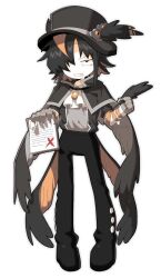 Rule 34 | 1boy, annoyed, bandages, bandages around arms, black eyes, black hair, cape, claws, clenched teeth, clipboard, feathers, fingernails, full body, hat, hat feather, highres, holding, holding clipboard, holding feather, humanization, karasu (kokum0tsu), kokum0tsu, looking at viewer, male focus, monster boy, multicolored hair, neckerchief, orange hair, original, paper, sharp fingernails, short hair, solo, solo focus, talons, teeth, top hat, white background, wing cape