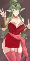 Rule 34 | 1girl, absurdres, against glass, bare shoulders, blush, breast press, breasts, breasts on glass, dress, fire emblem, fire emblem awakening, garter straps, green eyes, green hair, hair ornament, hand on glass, highres, large breasts, long hair, looking at viewer, nintendo, panties, pink panties, pointy ears, ponytail, sakuremi, smile, solo, thick thighs, thighs, tiara, tiki (adult) (fire emblem), tiki (fire emblem), underwear, very long hair