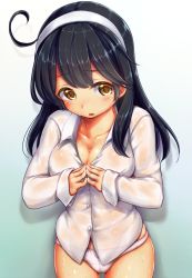 Rule 34 | 10s, 1girl, ahoge, bad id, bad pixiv id, black hair, blush, breasts, cleavage, commentary request, embarrassed, gradient background, hairband, hot, kantai collection, long hair, medium breasts, mogera81, panties, shirt, solo, sweat, underwear, ushio (kancolle), white panties, yellow eyes