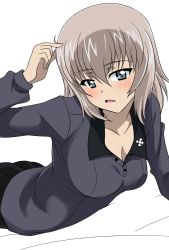 Rule 34 | bed sheet, black skirt, blue eyes, blush, breasts, cleavage, commentary, dress shirt, girls und panzer, grey shirt, half-closed eyes, hand in own hair, head tilt, highres, insignia, itsumi erika, kuromorimine school uniform, light frown, long sleeves, looking at viewer, lying, medium breasts, medium hair, on bed, on stomach, open mouth, pleated skirt, school uniform, shirt, silver hair, skirt, solo, wakku kan, white background