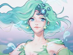 Rule 34 | 1girl, blue eyes, cape, closed mouth, dddagneo, detached sleeves, earrings, final fantasy, final fantasy iv, green hair, hair ornament, jewelry, long hair, looking at viewer, aged up, rydia (ff4), smile, solo