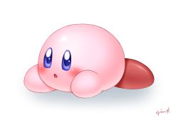 Rule 34 | 1other, artist name, blue eyes, blush, colored skin, kirby, kirby (series), kuromura gin, looking at viewer, lying, nintendo, no humans, on stomach, open mouth, parted lips, pink skin, simple background, solo, white background