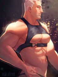 Rule 34 | 1boy, abs, bara, beard, body hair, bondage outfit, brown eyes, chest harness, facial hair, harness, highres, large pectorals, male focus, manly, muscular, nipples, oricalcon, overwatch, overwatch 1, pectorals, scar, soldier: 76 (overwatch), solo, topless male, upper body, white hair