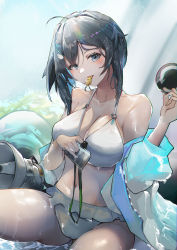 Rule 34 | 1girl, absurdres, ahoge, arknights, bare shoulders, bikini, blue eyes, blue jacket, blush, breasts, cleavage, commentary, grey hair, hand up, head tilt, highres, holding, jacket, la pluma (arknights), la pluma (summer flowers) (arknights), large breasts, liuyun baihua, long sleeves, looking at viewer, megaphone, mouth hold, navel, off shoulder, open clothes, open jacket, short hair, sitting, solo, stomach, swimsuit, thighs, white bikini