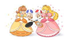 Rule 34 | 2boys, 2girls, :o, blue eyes, blush stickers, brown footwear, brown hair, clenched hand, crown, dress, earrings, elbow gloves, eye contact, flower earrings, frying pan, gem, gloves, hand on own hip, hand up, heart, highres, jewelry, looking at another, mario (series), mario tennis, midair, multiple boys, multiple girls, nintendo, orange dress, petals, pink dress, princess daisy, princess peach, profile, puffy short sleeves, puffy sleeves, racket, short sleeves, signature, smile, standing, super mario land, super smash bros., tennis racket, toad (mario), white background, white gloves, zieghost