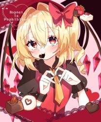 1girl 4-finger_heart_hands alternate_costume ascot blonde_hair candy chocolate chocolate_heart crystal crystal_wings flandre_scarlet food fruit gloves hair_between_eyes hat heart heart-shaped_food heart_hands iris_(airisu495) looking_at_viewer mob_cap puffy_short_sleeves puffy_sleeves red_eyes red_ribbon ribbon short_sleeves smile solo strawberry touhou upper_body wings yellow_ascot