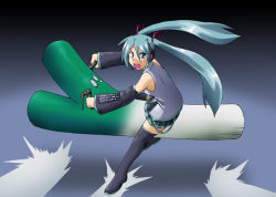 Rule 34 | 1girl, akira slide, bad id, bad pixiv id, belt, black footwear, black skirt, boots, collared shirt, detached sleeves, floating hair, gradient background, grey shirt, hair between eyes, hair ornament, hatsune miku, headphones, headset, holding, long hair, looking at viewer, microphone, miniskirt, necktie, open mouth, oversized object, pleated skirt, riding, shirt, sitting, sitting on object, skirt, solo, spring onion, thigh boots, thighhighs, twintails, vehicle, vocaloid