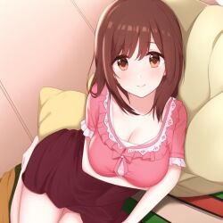 Rule 34 | breasts, brown eyes, brown hair, cleavage, io (princess connect!), large breasts, leaning forward, long hair, princess connect!, smile, tagme, thighs