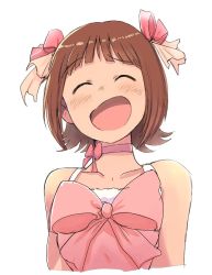 Rule 34 | 1girl, amami haruka, arm up, bare shoulders, blush, bow, bowtie, breasts, brown hair, choker, closed eyes, collarbone, cropped torso, dress, gloves, hair ornament, hair ribbon, idolmaster, idolmaster (classic), open mouth, pink bow, pink choker, pink dress, pink ribbon, ribbon, sidelocks, signature, simple background, small breasts, smile, solo, strapless, strapless dress, tsubobot