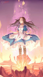 Rule 34 | 1girl, alice: madness returns, alice (alice in wonderland), alice in wonderland, alice liddell (american mcgee&#039;s alice), american mcgee&#039;s alice, american mcgee's alice, apron, black hair, boots, breasts, closed eyes, dama (sindygao), dress, flower, highres, jewelry, long hair, necklace, pantyhose, solo, standing, striped clothes, striped pantyhose