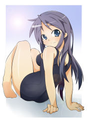 Rule 34 | 00s, 1girl, arm support, barefoot, black one-piece swimsuit, blue eyes, hiiragi miki, long hair, looking back, lucky star, mature female, one-piece swimsuit, purple hair, school swimsuit, shing (sorairo factory), solo, swimsuit