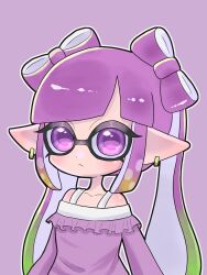 Rule 34 | 1girl, bow, closed mouth, commentary request, dress, earrings, eyelashes, frilled dress, frills, gradient hair, green hair, hair bow, highres, hoop earrings, inkling, inkling girl, inkling player character, jewelry, long hair, mina p, multicolored hair, nintendo, off-shoulder dress, off shoulder, pointy ears, purple background, purple bow, purple dress, purple eyes, purple hair, simple background, solo, splatoon (series), tentacle hair, two-tone hair, upper body