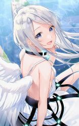 Rule 34 | 1girl, :d, bare shoulders, blue eyes, blush, commentary request, dress, feathered wings, from behind, grey nails, hand up, highres, looking at viewer, looking back, masuishi kinoto, nail polish, open mouth, original, silver hair, sitting, sleeveless, sleeveless dress, smile, solo, swept bangs, water, white dress, white wings, wings