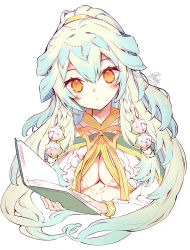 Rule 34 | 1girl, book, bow, breasts, dated, flower, flower knight girl, green hair, hair flower, hair ornament, holding, holding book, iwarenge (flower knight girl), light green hair, long hair, looking at viewer, no pupils, open book, orange eyes, ponytail, satsuki misuzu, signature, simple background, solo, underboob, upper body, white background, yellow bow