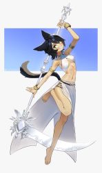 Rule 34 | 1girl, animal ears, arm up, armlet, artist name, bare shoulders, barefoot, black hair, blue background, bracelet, breasts, cat ears, cat girl, cat tail, commentary, commission, english commentary, feet, full body, green eyes, grin, highres, holding, holding scythe, jewelry, looking at viewer, medium breasts, navel, original, scythe, shiny skin, short hair, simple background, smile, solo, stomach, tail, toned, tostantan, two-tone background, white background