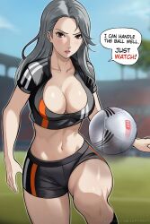 Rule 34 | 1girl, alternate costume, ball, black shirt, blurry, blurry background, breasts, brown eyes, cropped shirt, english text, grey hair, highres, knee up, large breasts, lepypepy, long hair, mature female, midriff, mixed-language commentary, motion blur, multicolored clothes, navel, niijima sae, outdoors, patreon username, persona, persona 5, playing sports, shirt, short shorts, short sleeves, shorts, soccer, soccer ball, soccer field, soccer uniform, solo, sportswear, standing, standing on one leg