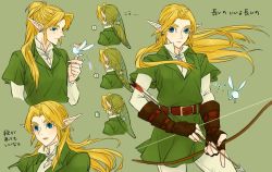 Rule 34 | 1boy, alternate hair length, alternate hairstyle, arrow (projectile), bad id, bad pixiv id, belt, bow (weapon), braid, collage, earrings, fairy, french braid, jewelry, link, long hair, navi, nintendo, no headwear, no headwear, pointy ears, ponytail, single braid, the legend of zelda, the legend of zelda: ocarina of time, tobacco (tabakokobata), translation request, tunic, weapon