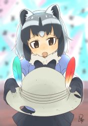 Rule 34 | 10s, 1girl, :o, animal ears, black hair, black ribbon, black skirt, blue shirt, blurry, blurry background, brown eyes, bucket hat, common raccoon (kemono friends), dot nose, eyelashes, fang, fur collar, gloves, grey hair, grey hat, hat, hat feather, holding, holding clothes, holding hat, interacting with viewer, kemono friends, looking at viewer, multicolored hair, neck ribbon, open mouth, pleated skirt, pov, puffy short sleeves, puffy sleeves, raccoon ears, ribbon, sandstar, satsuyo, shirt, short sleeves, signature, skirt, solo, tsurime, unworn hat, unworn headwear, upper body, white hair