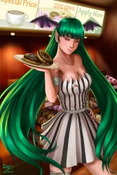 Rule 34 | 1girl, alternate hairstyle, bandages, breasts, cleavage, cosplay, dej (shiori2525), demon girl, doughnut, dress, food, hand on own hip, head wings, highres, large breasts, lips, long hair, low twintails, morrigan aensland, morrigan aensland (cosplay), name tag, nose, original, pointy ears, purple eyes, restaurant, shiori2525, solo, strapless, strapless dress, striped, tray, twintails, vampire (game), vertical stripes, very long hair, vescular (dej), waitress, wings