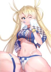 Rule 34 | 1girl, alternate costume, bad id, bad twitter id, bikini, bikini bottom only, blonde hair, blue eyes, bradamante (fate), braid, breasts, clothes lift, commentary, crown braid, facepaint, fate/grand order, fate (series), french braid, hair between eyes, highres, large breasts, logo, long hair, navel, shirt, shirt lift, sikijou77o, skindentation, smile, solo, swimsuit, thigh strap, towel, underboob, very long hair, white background, wristband