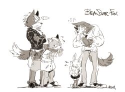 Rule 34 | ..., 1girl, 3boys, ?, angry, artist name, beastars, belt, coat, crossed arms, crossover, fox boy, fox mccloud, furry, furry female, furry male, haru (beastars), jacket, leather, leather jacket, legoshi, monochrome, multiple boys, nieh, nintendo, rabbit girl, scarf, sepia, simple background, spoken ellipsis, star fox, sweater, tail, white background, winter clothes, winter coat, wolf boy, wolf o&#039;donnell