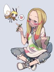 Rule 34 | 1girl, :&gt;, antennae, bag, blonde hair, blue background, bra strap, breasts, bright pupils, bug, capri pants, closed mouth, collarbone, creatures (company), cutoffs, facepaint, forehead, full body, game freak, gazacy (dai), gen 7 pokemon, grey footwear, grey pants, hair tie, half-closed eyes, hands up, heart, highres, holding, holding notebook, holding pencil, index finger raised, indian style, insect wings, jewelry, light smile, long hair, looking at another, low ponytail, mina (pokemon), nintendo, notebook, off shoulder, oversized clothes, oversized shirt, paint stains, pants, pencil, pointing, pokemon, pokemon (creature), pokemon sm, ponytail, purple eyes, ribombee, ring, shirt, shoelaces, shoes, short sleeves, shoulder bag, sidelocks, simple background, single bare shoulder, sitting, small breasts, sneakers, speech bubble, spoken heart, torn clothes, torn pants, trial captain, white shirt, wings