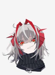 Rule 34 | 1girl, antennae, arknights, black scarf, closed mouth, horns, looking at viewer, medium hair, portrait, red eyes, scarf, simple background, solo, w (arknights), white background, white hair, xity