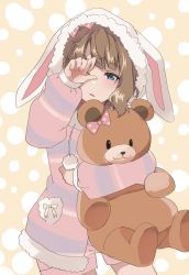 Rule 34 | 1girl, animal ears, bow, character request, copyright request, fake animal ears, highres, long sleeves, medium hair, moto hiro, hugging object, one eye closed, one eye covered, parted lips, pink bow, solo, standing, stuffed toy, yellow background