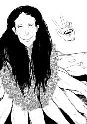Rule 34 | 1other, black hair, chainsaw man, disembodied limb, extra arms, facing viewer, flower, fujou joshi, ghost devil (chainsaw man), greyscale, hand mouth, hand up, long hair, monochrome, simple background, smile, solo, stitched eye, stitched face, stitched mouth, stitches, v, white background