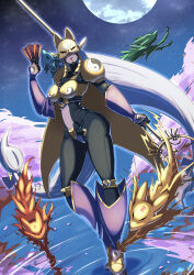 Rule 34 | 1girl, absurdres, animal ears, armor, belt, black bodysuit, bodysuit, breasts, cape, cherry blossoms, closed mouth, commentary, covered eyes, digimon, digimon (creature), facial mark, fox ears, fox mask, full body, full moon, gloves, hand up, high heels, highres, holding, holding paper, holding staff, kotatsu (nukunuku), lipstick, long hair, low-tied long hair, low twintails, makeup, mask, medium breasts, moon, night, ofuda, paper, purple lips, purple sleeves, reflection, reflective water, sakuyamon, shoulder armor, staff, standing, standing on liquid, stirrup legwear, toeless legwear, twintails, very long hair, water, yellow armor, yellow cape, yin yang, yin yang print