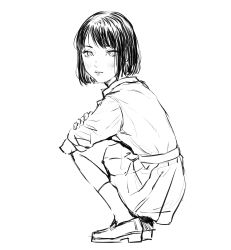 Rule 34 | 1girl, absurdres, bomhat, closed mouth, commentary, crossed arms, expressionless, from side, full body, greyscale, highres, looking at viewer, monochrome, original, school uniform, shirt, shoes, short hair, simple background, skirt, sleeves rolled up, socks, solo, squatting