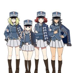 Rule 34 | 10s, 4girls, adapted uniform, andou (girls und panzer), armband, azumi (girls und panzer), bc freedom (emblem), bc freedom military uniform, black footwear, black hair, blonde hair, blue eyes, blue hat, blue jacket, blue vest, boots, brown eyes, closed mouth, commentary, commentary request, crossed arms, dark-skinned female, dark skin, dress shirt, dress uniform, drill hair, emblem, girls und panzer, green eyes, gun, hand on own hip, handgun, hands on own hips, hat, high collar, highres, holding, holding gun, holding weapon, jacket, jacket on shoulders, knee boots, korean commentary, light frown, long hair, long sleeves, looking at viewer, luger p08, marie (girls und panzer), medium hair, messy hair, military, military hat, military jacket, military uniform, miniskirt, multiple girls, oshida (girls und panzer), pistol, pleated skirt, red hair, school connection, semi-automatic firearm, semi-automatic pistol, shako cap, shirt, short hair, simple background, skirt, smile, standing, symbol-only commentary, uniform, vest, wani (perfect han), weapon, weapon request, white background, white shirt, white skirt, zipper