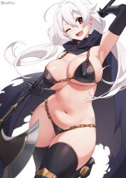 Rule 34 | 1girl, ahoge, armor, armored boots, axe, bare shoulders, battle axe, bikini armor, black armor, black cape, black gloves, black thighhighs, blush, boots, breasts, brown eyes, cape, chain, cleavage, elbow gloves, gauntlets, gloves, highres, iwbitu, large breasts, long hair, looking at viewer, navel, nyopu, one eye closed, open mouth, original, smile, solo, thighhighs, thighs, weapon, white hair