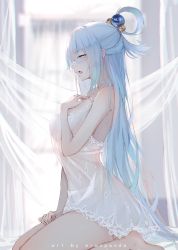 Rule 34 | 1girl, aqua (konosuba), artist name, bare arms, bare legs, bare shoulders, barefoot, blue eyes, blue hair, blurry, blurry background, blush, breasts, chromatic aberration, commentary, curtains, depth of field, dress, english commentary, erospanda, from side, hair between eyes, hair ornament, hair rings, half updo, hand on own chest, hand up, highres, kono subarashii sekai ni shukufuku wo!, large breasts, long hair, open mouth, profile, see-through, sleeveless, sleeveless dress, solo, transparent, very long hair, white dress