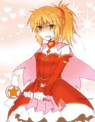 Rule 34 | 1girl, blonde hair, blood, blood from mouth, capelet, choker, detached sleeves, dress, fate/apocrypha, fate/grand order, fate/kaleid liner prisma illya, fate (series), frilled skirt, frills, green eyes, kaleidostick, long hair, magical girl, magical ruby, minafuni, mordred (fate), mordred (fate/apocrypha), ponytail, red dress, skirt, solo, twitter username, wand