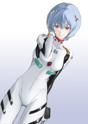 Rule 34 | 1girl, arm behind back, ayanami rei, bodysuit, breasts, breasts apart, closed mouth, cowboy shot, dutch angle, gradient background, grey background, hair between eyes, hand in own hair, headgear, highres, ivuki, looking at viewer, medium breasts, neon genesis evangelion, plugsuit, red eyes, short hair, silver hair, smile, solo, standing, thigh gap, white bodysuit