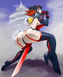 Rule 34 | 10s, 1girl, ass, boots, breasts, embarrassed, from behind, high heel boots, high heels, highres, hisoka., huge ass, kill la kill, looking back, matoi ryuuko, multicolored hair, senketsu, solo, sword, thigh boots, thighhighs, thong, weapon